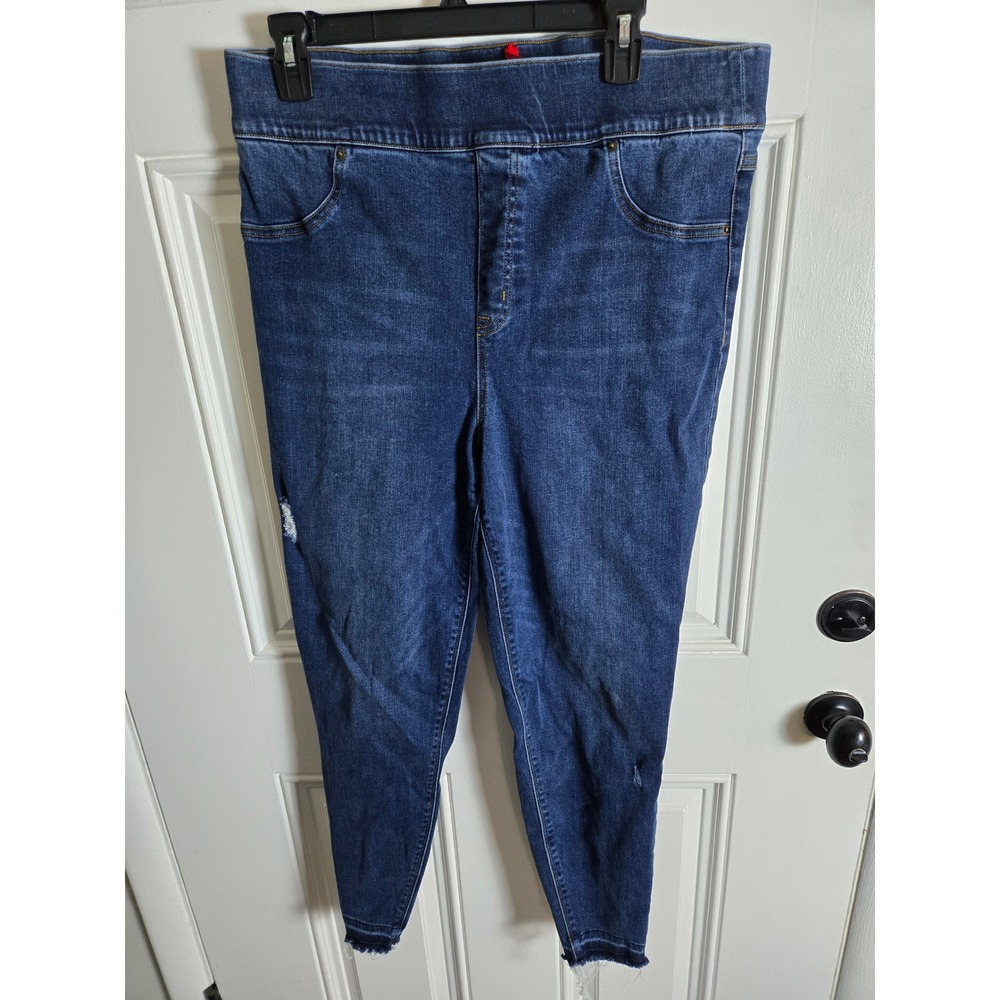 Spanx Ankle Skinny Jeans Womens 2XL Dark Wash Pull On Raw Hem Distressed